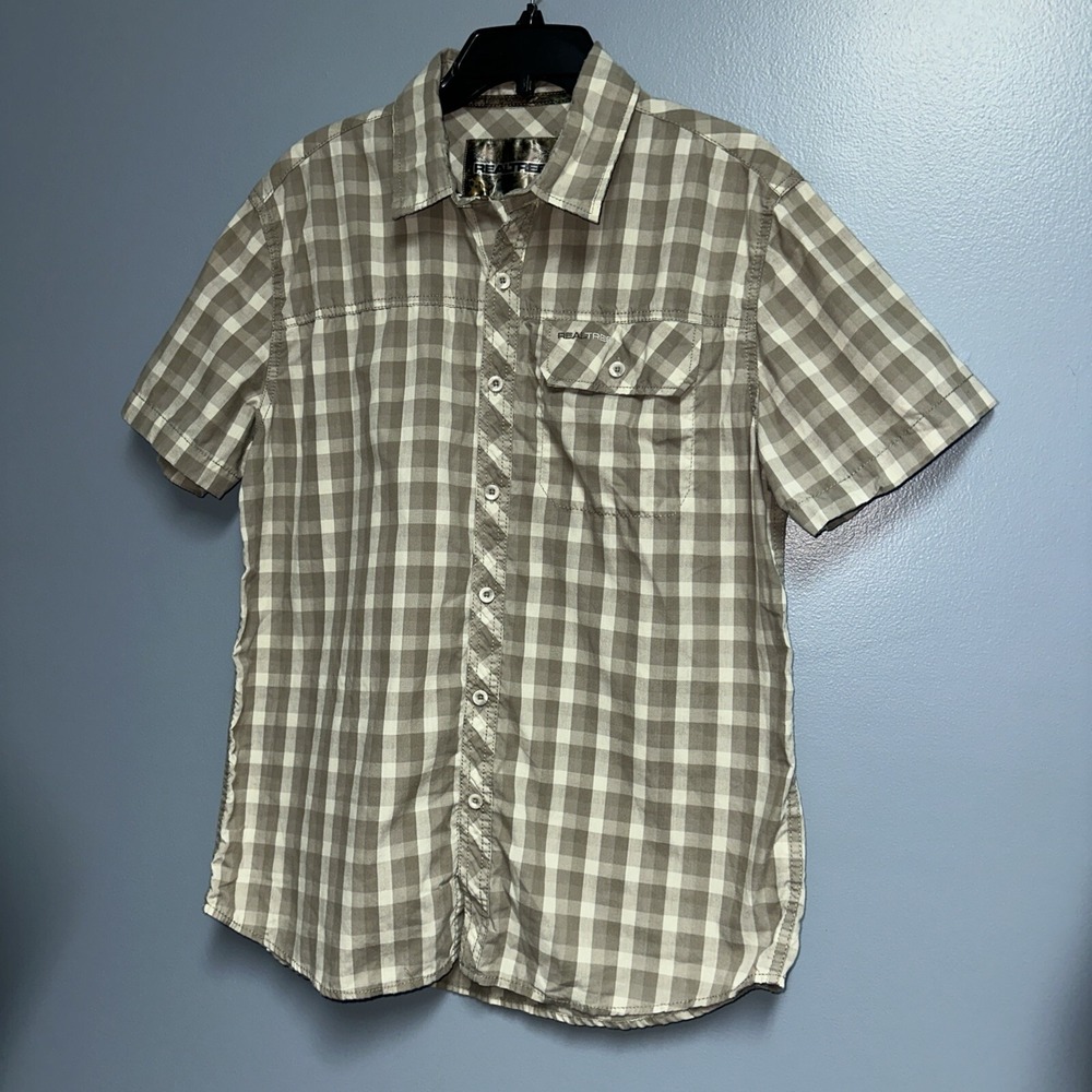 Realtree Button Down Shirt Men's Medium Short Sleeve Cotton Blend Tan Plaid